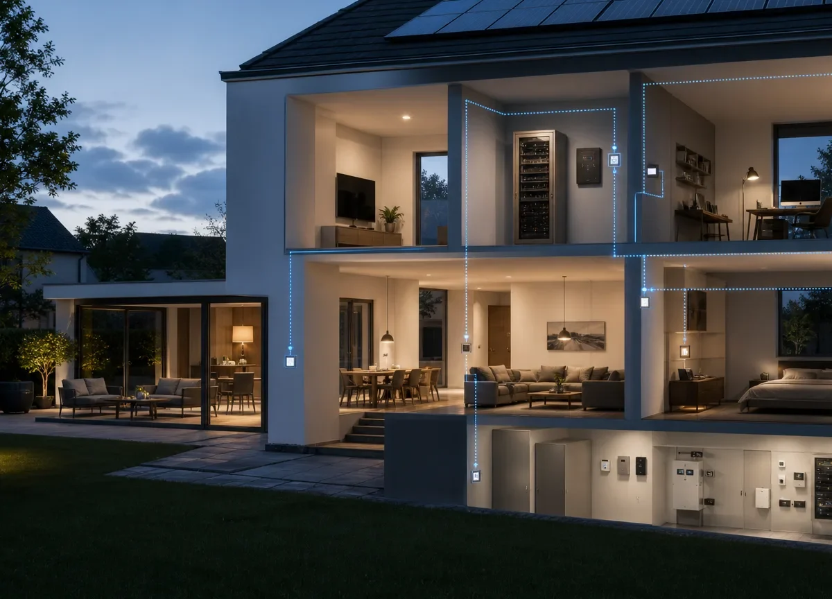 Sicher getrennte Netzwerkzonen für Smart Home, Büro und Gäste in einem modernen Wohnhaus