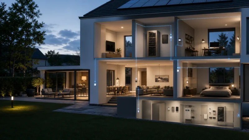 Sicher getrennte Netzwerkzonen für Smart Home, Büro und Gäste in einem modernen Wohnhaus